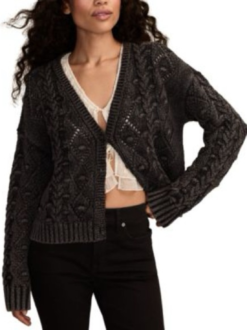 LUCKY BRAND - Chunky Brown Button up Cardigan Bubble Sleeves Sz Large